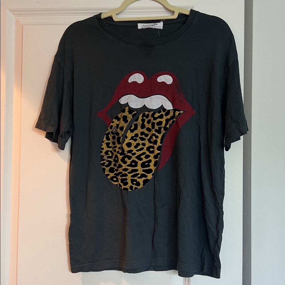 Free People Black Graphic Tee with Red and Leopard Print